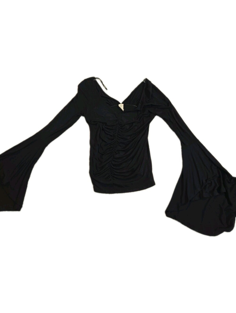 We the free black bell sleeve V-neck top sz L Ruched whimsy goth Witchy Punk